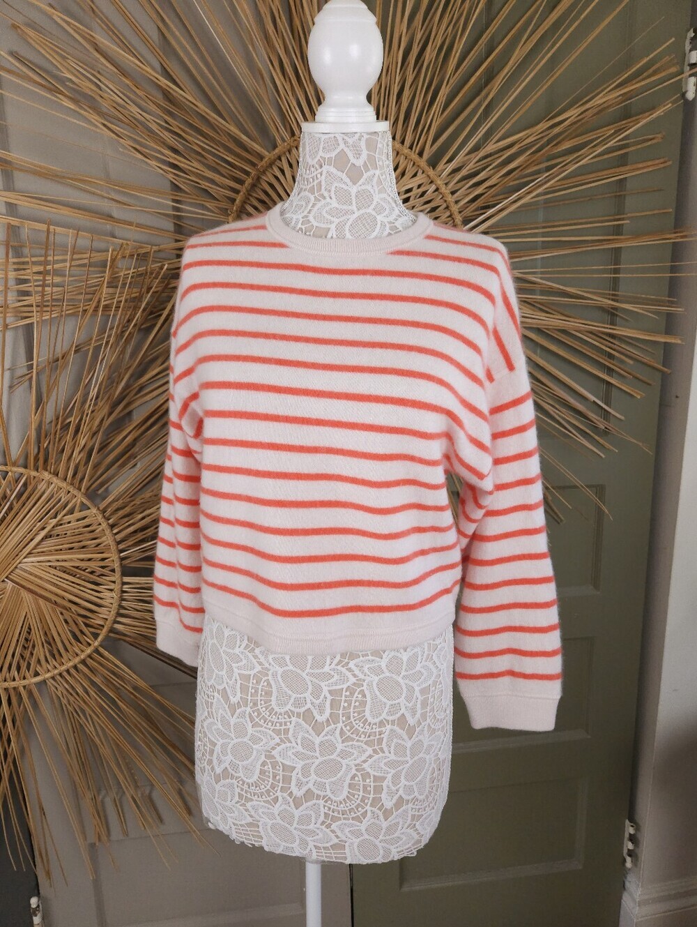 Joie Pink Coral Striped Cashmere Cropped Boxy Sweater Womens Small